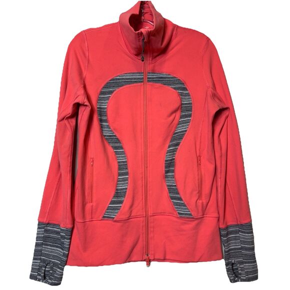 lululemon athletica Jackets & Blazers - Lululemon In Stride Jacket Full Zip Coral Coal Strata Stripe Thumbholes Size 8